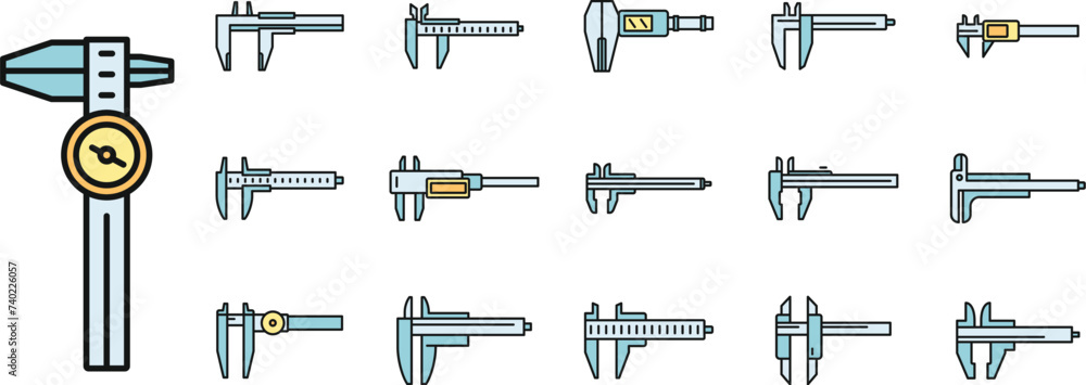 Aufkleber calibrated calipers icons set outline vector. control device. construction calipers