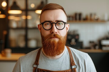 A rugged and stylish man with a fiery red beard and glasses stands confidently against a wall, his facial hair and eyewear adding a touch of sophistication to his casual shirt - obrazy, fototapety, plakaty