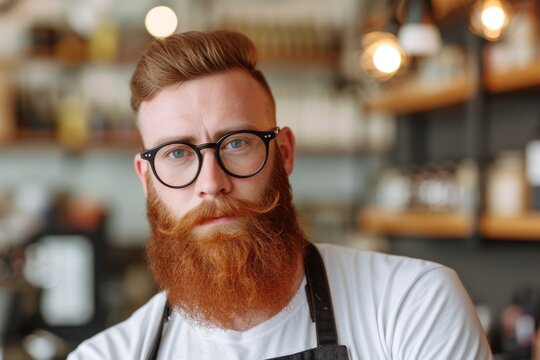 A bespectacled man with a full beard gazes thoughtfully into the distance, his chin adorned with well-groomed facial hair, wearing a crisp shirt and exuding a sense of intellectualism and style