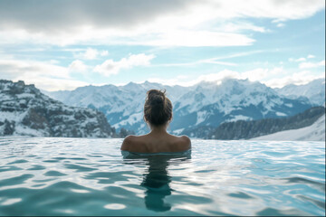 female in outdoor infinity pool with snowy mountain