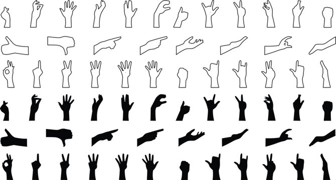 Naklejki Hand gesture icon set. All type of hand emojis, gestures, stickers, emoticons vector illustration symbols. Hands, handshakes, muscle, finger, fist, direction, like, unlike, fingers collection