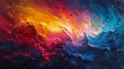 A cascade of vibrant hues flowing across the canvas, where thick layers of oil paint merge and separate, creating a dynamic play of colors reminiscent of a vivid dreamscape.  - obrazy, fototapety, plakaty