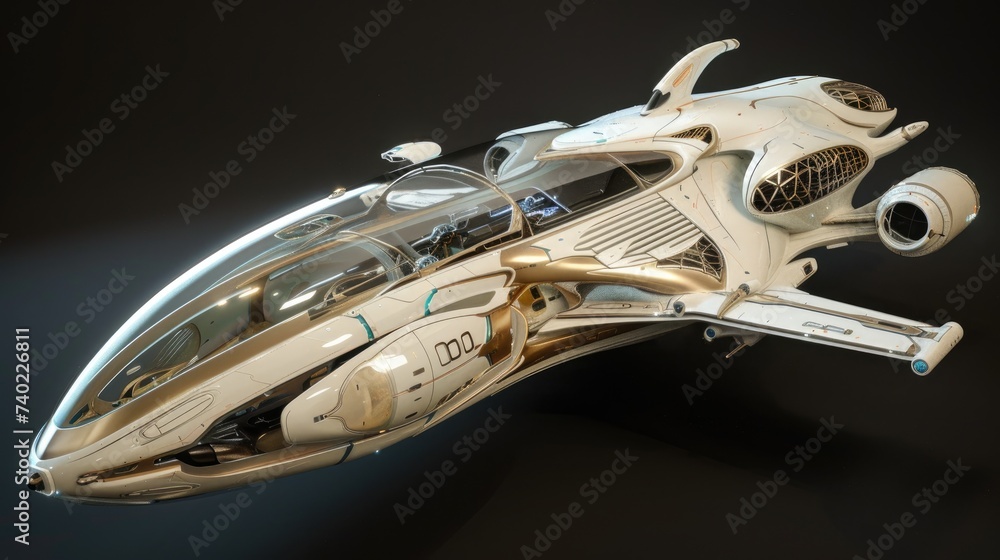 Poster a futuristic spacecraft depicted with intricate 3d design.