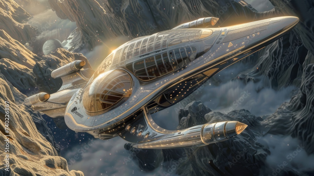 Poster a futuristic spacecraft depicted with intricate 3d design.