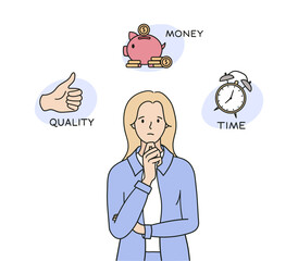 Thinking character. The concept of the difficulty of choosing money, approval, time. Hand drawn illustration vector design.