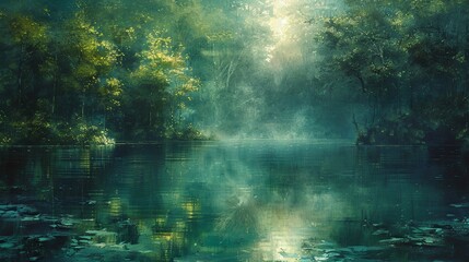 A tranquil abstract composition where watery hues of blue and green blend seamlesslyevoking the peacefulness of a secluded lagoon.