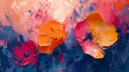 An abstract floral composition with the essence of flowers is captured through spontaneous fluid brushstrokes. Magnificent oil artwork.  - obrazy, fototapety, plakaty
