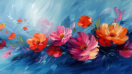 An abstract floral composition with the essence of flowers is captured through spontaneous fluid brushstrokes. Magnificent oil artwork. 