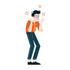 Anxious male with hands up, surrounded by stress sparkles, feeling overwhelmed