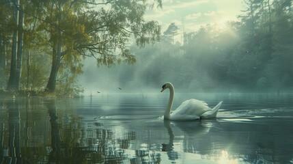 Graceful swan glides serenely across a tranquil lake. - obrazy, fototapety, plakaty