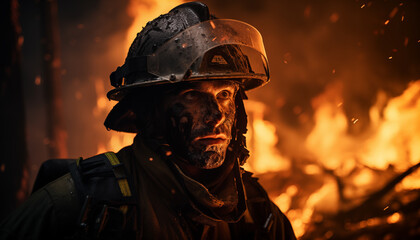 Fototapeta na wymiar portrait of a rescuer against the background of a fire
