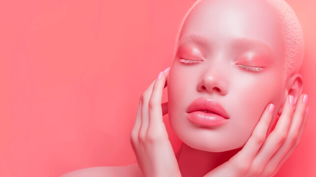 Albino people. Albino woman portrait with closed eyes in a serene pose on pink background. Graceful albino model with soft pink aesthetics. Pale beauty with a peaceful face expression on pink