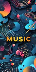 Electronic music festival poster with abstract lines. Design template for flyer, presentation, brochure."MUSIC" text shaped with vinyl records and audio waves and metallic textures.