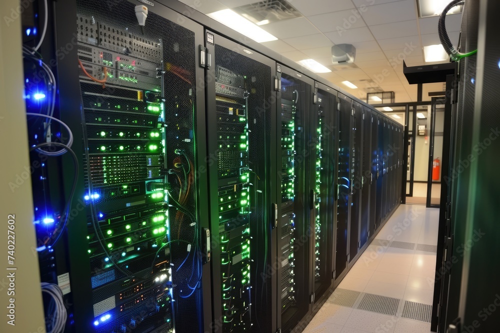 Poster technology server room with rows of computers