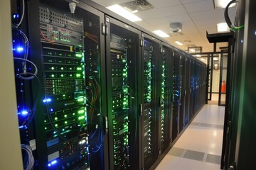 technology server room with rows of computers