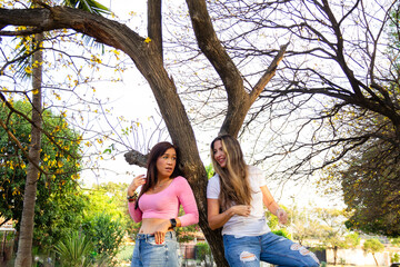 Fototapeta premium two beautiful female friends dressed casual leaning back against a tree looking at each other in a park