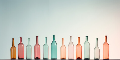Row of Recycled Colorful Glass Bottles. Eco-Friendly Concept. Disposable Recycled Material. Generative AI