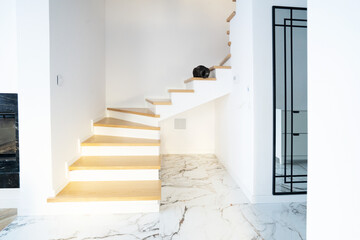 Beton staircase with wooden steps in modern home.