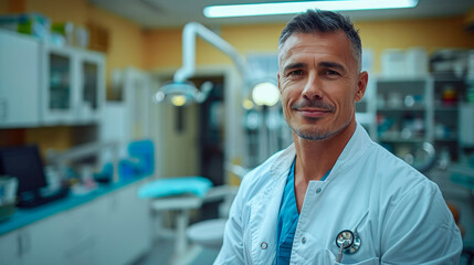 Fototapeta premium A man wearing a white coat and a smile stands confidently in a healthcare setting, surrounded by medical equipment and a wall adorned with a human face, showcasing his important job of caring for oth