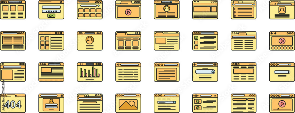 Poster window browser icons set outline vector. computer arrow bar. mail interface