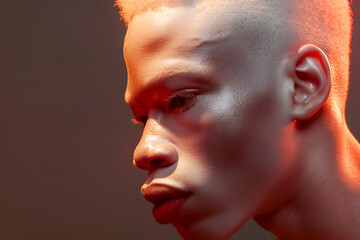 Albino people. Profile of albino man with intense gaze. Albino model in dramatic lighting presenting the concept of International Albinism Awareness Day. Close-up of albino person's face in shadow