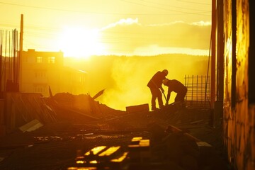 Fototapeta premium Construction workers at sunset