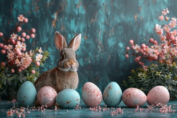 Fototapeta na wymiar Happy Easter Eggs magnolia. Bunny hopping in flower simile decoration. Adorable hare 3d roast lamb rabbit illustration. Holy week individualized message card stuffed bunny