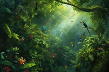 Obraz na płótnie Canvas Lush rainforest canopy teeming with exotic wildlife