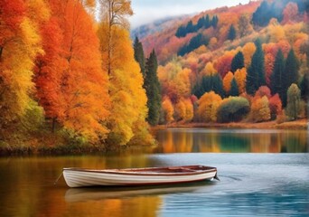 autumn landscape with lake ,Colorful autumn landscape ,.Nature background ,.Boat on the lake in the autumnal forest