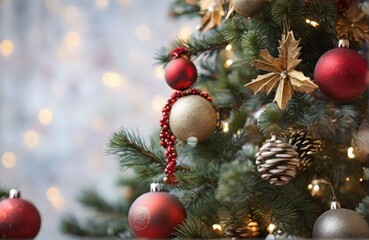 christmas tree decoration, Christmas Tree with Red Balls and Stars, Beautifully Christmas Decorated Home Interior With A Christmas Tree And Christmas Presents