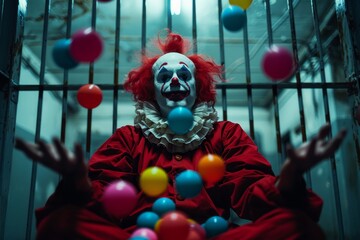 Clown with wild red hair and a haunting smile juggles colorful balloons inside a stark prison cell