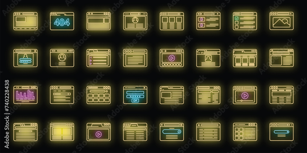 Poster window browser icons set outline vector. computer arrow bar. mail interface