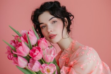 A feminine figure delicately grasps a vibrant bouquet of pink roses against a stark white wall, embodying the beauty and artistry of floristry in a captivating photo shoot