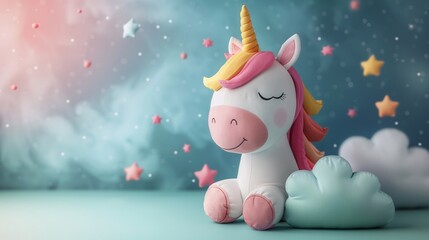 Toy unicorn in toy clouds, background for children's card, invitation