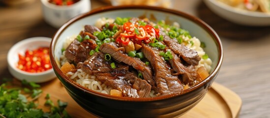 A delectable bowl of Hong Kong style beef brisket rice noodles garnished with fresh scallions and chili, capturing the essence of traditional Cantonese cuisine.