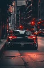 a black sports car on street with red lights