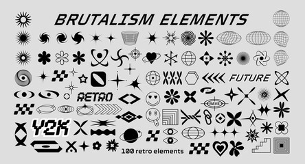 100 Brutalism futuristic elements collection. Different abstract geometric shapes and forms set. Y2k, rave icons bundle. Great for posters, events, tickets, stickers, banners, web, graphic design