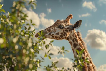 A curious giraffe reaching for leaves on a tall tree, Real photo quality shot on canon camera --ar 3:2 --v 6 Job ID: c0a259c9-d241-445d-9a4b-5cd22cc64a64