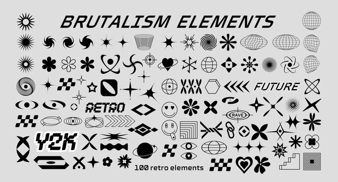 100 Brutalism futuristic elements collection. Different abstract geometric shapes and forms set. Y2k, rave icons bundle. Great for posters, events, tickets, stickers, banners, web, graphic design