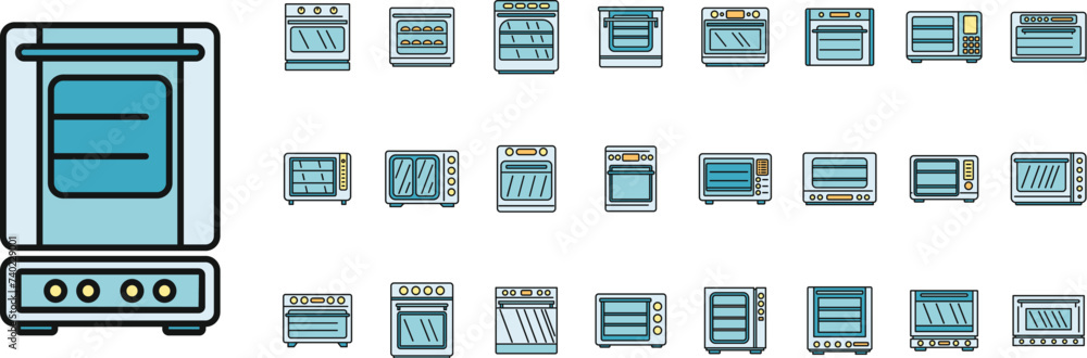 Poster convection oven appliance icons set. outline set of convection oven appliance vector icons thin line