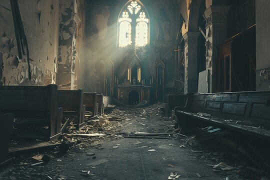 a church with broken windows and church with broken church