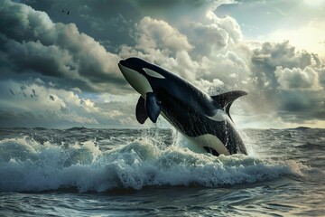A majestic orca breaching out of the ocean waves, Real photo quality shot on canon camera --ar 3:2 --v 6 Job ID: 14159c80-4a99-459e-848d-d9358eb9a2e7 - obrazy, fototapety, plakaty
