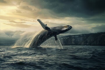 A powerful humpback whale jumps out of the water, showcasing its immense size and strength. The whales body appears suspended in mid-air before crashing back into the ocean with a resounding splash