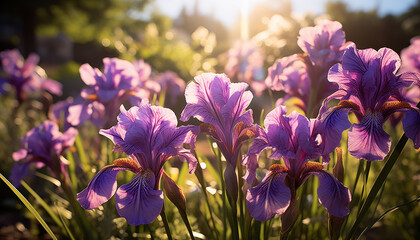 lilac irises bloom in the garden.