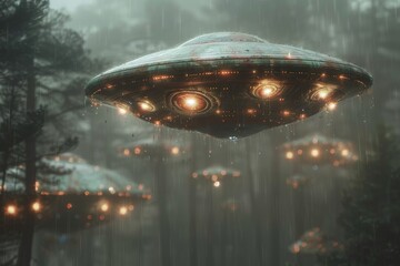 Amidst the eerie winter night, a cluster of otherworldly ufos hovers above a barren tree, shrouded in thick fog and illuminated by the soft glow of raindrops in the light of a distant lightning strik