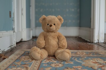 A beloved teddy bear rests peacefully on a soft rug, surrounded by walls and plush toys, its brown fur blending with the warm fabric of the floor