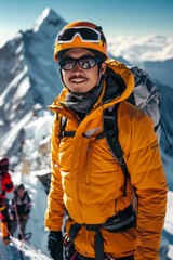 A man in a yellow jacket and goggles is seen guiding climbers on a mountain. He is taking the lead and ensuring the safety of the group as they navigate challenging terrain