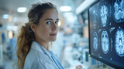 Female doctor in uniform in a hospital room analyzing x-rays from a brain scan. Alzheimer's and d - obrazy, fototapety, plakaty