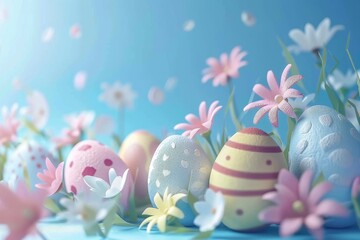 Fototapeta na wymiar Happy Easter Eggs rose fragrance. Bunny hopping in flower plush backpack decoration. Adorable hare 3d Marigold rabbit illustration. Holy week turquoise summer card easter pansy