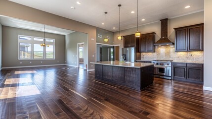 Captivating kitchen in a new luxury home featuring a quartz waterfall, dark wood cabinets, and stainless steel appliances.